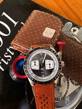Yema Rallygraf Evil Panda Tan Suede Strap Chronograph Full set box and papers
